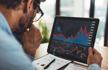 Poster - Man Analyzing Financial Data Charts On Tablet