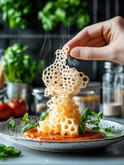 Poster - A hand prepares to place a delicate 3D-printed pasta shape atop a rich tomato sauce, garnished with fresh basil in a lively kitchen. Generative AI