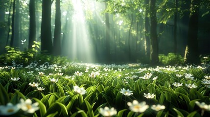 Aufkleber - Sunlit Forest Floor With White Flowers