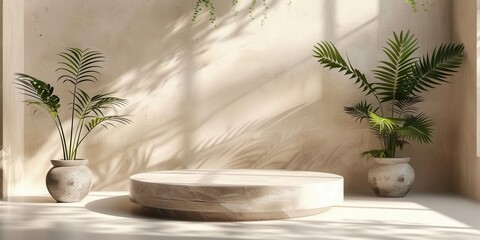 Poster - Minimalist Scene With Round Platform And Plants