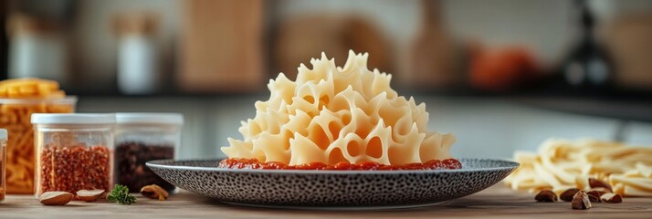 Poster - A stunning plate of gourmet 3D-printed pasta showcases intricate shapes and is topped with a vibrant tomato sauce and fresh herbs. Generative AI
