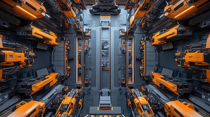 Poster - A futuristic industrial interior featuring complex machinery and orange accents.