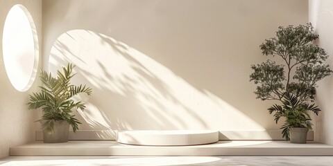 Poster - Minimalist Room Display Featuring Plants And A White Platform