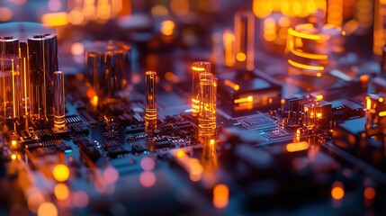 Poster - A close-up view of a circuit board with glowing components and intricate details.