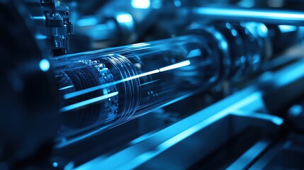 Poster - Close-up of a transparent cylindrical component in a blue-lit industrial setting.