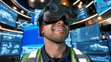 Poster - A smiling worker in a VR headset, surrounded by digital screens displaying technical designs.