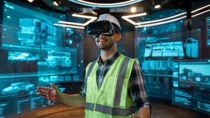 Poster - A man in a VR headset wearing a safety vest, engaged in a virtual environment.