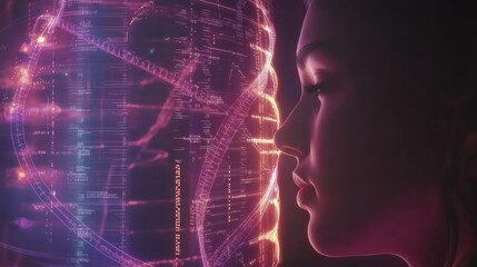 Poster - A person contemplates the implications of DNA mapping amid vivid visualizations of genetic data in a modern, tech-inspired environment. Generative AI