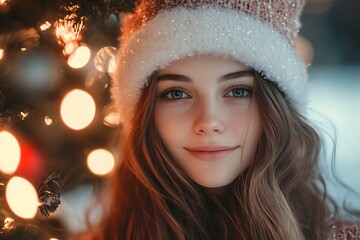 Wall Mural - Smiling girl in winter hat near Christmas tree lights