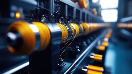 Poster - Close-up of industrial machinery with orange cables in a production line.