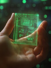 Poster - A hand displays a micro biochip that features a glowing holographic interface, showcasing various health metrics and data. Generative AI