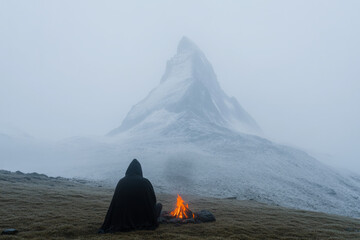 Wall Mural - A man sits by a fire in the snow