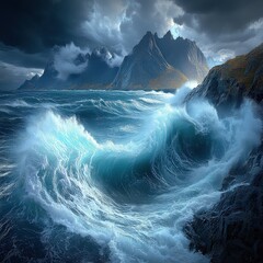 Canvas Print - Majestic Ocean Waves Crashing Against Rugged Mountains Under Dramatic Cloudy Skies with a Vivid Turquoise Sea and Stunning Coastal Landscape