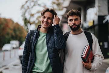 Poster - Two young male students engage in a friendly discussion while strolling on a university campus. They carry backpacks and books, enjoying a casual outdoor conversation in a relaxed setting.