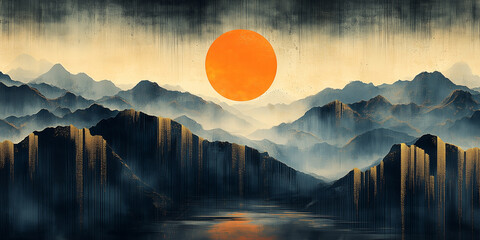Wall mural of mountain landscape with a golden sun and sunshine. Watercolor wallpaper scenery background with gold pattern design