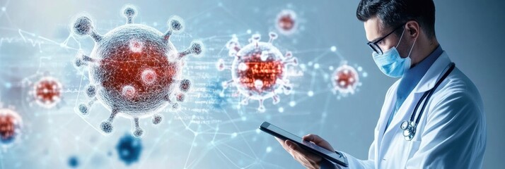 Aufkleber - A doctor dressed in a white coat analyzes medical information on a tablet while surrounded by virus graphics in a clinical setting. Generative AI