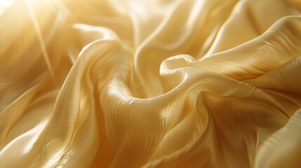 Poster - Delicate golden silk fabric cascades softly, illuminated by warm sunlight, creating a serene and elegant atmosphere that highlights its smooth texture and subtle shine.