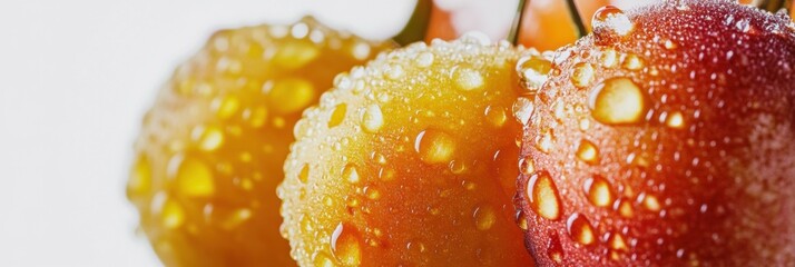 Poster - Juicy cherries with water droplets rest closely together, reflecting their rich colors in a bright and inviting ambiance. Generative AI
