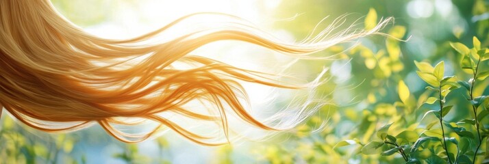 Fototapete - Long golden hair dances softly in the wind, illuminated by sunlight and surrounded by lush green foliage in a tranquil setting. Generative AI
