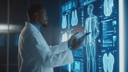 Fototapete - A doctor in a white coat is studying detailed medical visuals on a large touchscreen display in a well-equipped healthcare setting. Generative AI
