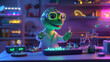 © Wankhairulizuan - Adorable 3D dinosaur experimenting with science gadgets, wearing a lab coat and safety goggles, surrounded by glowing tech devices in a fun lab.