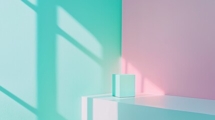 Poster - Beautiful Pastel Gradient Blending from Mint Green to Powder Pink Creating a Calm and Serene Aesthetic in Interior Design Displayed on a Minimalist Setting