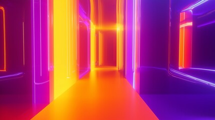 Poster - Vivid Neon Corridor with Electric Gradients and Radiant Light Transitioning Through a Futuristic Space in Bold Colors