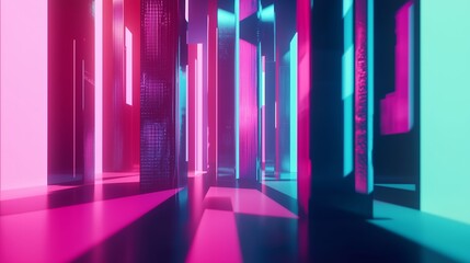 Poster - Abstract Futuristic Environment with Gradient Neon Lights Transitioning Through Vertical Structures in a Modern Digital Space