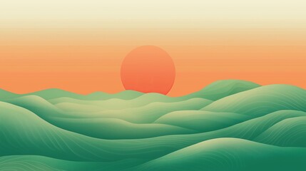 Poster - Serene Sunrise Over Rolling Hills with Glowing Gradient Background Transitioning from Warm to Cool Tones in a Minimalist Landscape Scene