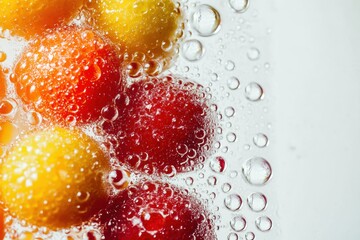 Poster - Bright yellow and red fruits float in sparkling water, creating an enticing and refreshing drink ideal for summer days. Generative AI