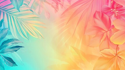 Poster - Vibrant Gradient Background Transitioning with Tropical Leaves in Soft Pink, Blue, and Yellow Tones for Creative Projects and Designs