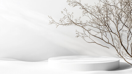 Poster - Elegant mockup with a soft white pedestal and a delicate tree