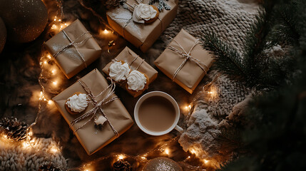 Sticker - A festive setup with gift boxes, holiday-themed cookies, and a cup of hot cocoa surrounded by warm Christmas lights 