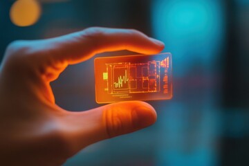 Poster - A hand holds a micro biochip displaying holographic health metrics, showcasing advancements in digital health technology and patient care. Generative AI