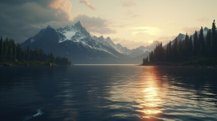 Wall Mural - A breathtaking view of majestic mountains reflecting over a serene lake under the golden rays of the sun.