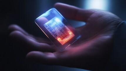 Leinwandbilder - A hand is holding a micro biochip that projects holographic health metrics amidst a sleek technology backdrop. Generative AI