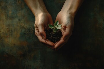 Two hands support a tiny seedling surrounded by soil, reflecting care and hope during a peaceful moment in nature. Generative AI