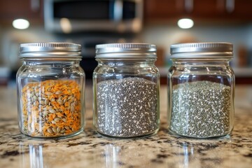 Aufkleber - Three glass jars display colorful pumpkin, hemp, and chia seeds on a kitchen countertop, highlighting healthy ingredients for meal prep. Generative AI
