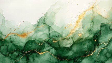  Abstract green and gold watercolor landscape with flowing shapes and textures.