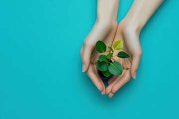 Aufkleber - Two hands cradle a small green seedling, showcasing care and connection to nature against a bright blue backdrop. Generative AI