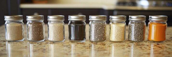 Aufkleber - A series of glass jars filled with colorful seeds including pumpkin, hemp, and chia, neatly lined up on a kitchen countertop. Generative AI
