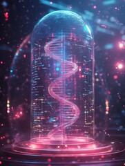 Poster - A luminous DNA double helix is encased in a transparent structure, surrounded by vibrant lights in a sci-fi environment. Generative AI