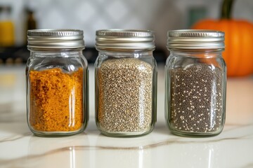 Poster - Three glass jars showcase vibrant pumpkin, hemp, and chia seeds, arranged neatly on a kitchen countertop with seasonal decor. Generative AI