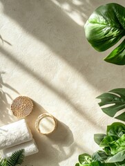 Poster - Soft afternoon light filters through, highlighting towels, a candle, and vibrant greenery in a calm bathroom setting. Generative AI