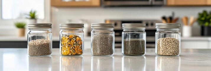 Poster - Five glass jars display a variety of pumpkin, hemp, and chia seeds on a kitchen countertop, emphasizing healthy ingredients for meals. Generative AI