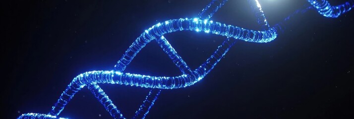 Poster - The artwork features a vibrant depiction of DNA strands, glowing in blue against a black backdrop, illustrating genetic complexity and science. Generative AI