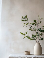 Fototapete - A minimalist decor featuring a pale vase holding green branches, set on a light table with a small bowl, creating a calm atmosphere. Generative AI