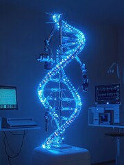 Fototapete - A luminous blue DNA helix stands tall in a laboratory, surrounded by advanced scientific instruments under soft lighting. Generative AI