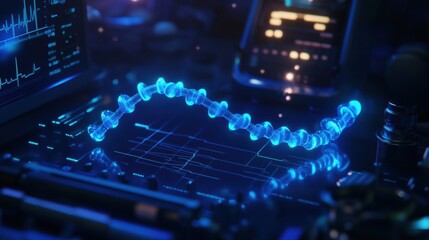 Poster - A glowing DNA strand displays its structure against a backdrop of scientific equipment and digital screens in a lab at night. Generative AI