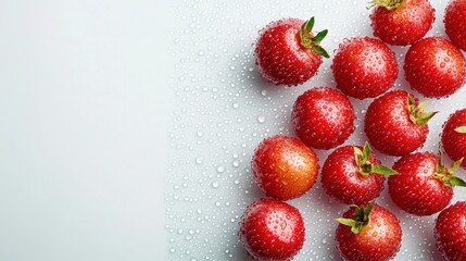 Poster - Juicy red strawberries glisten with water droplets as they are arranged neatly on a light surface, highlighting their fresh appearance. Generative AI